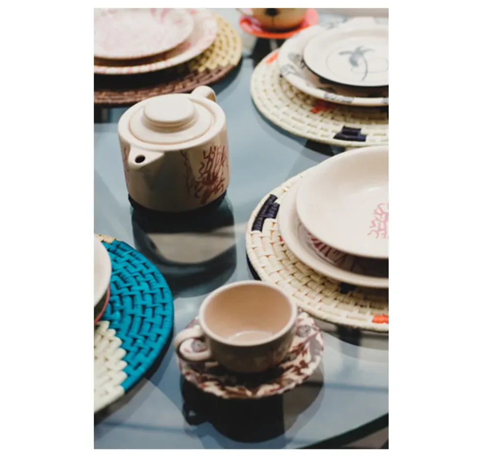 Ceramic Tea Cup & Tea Plate "Trazos Sicilia Black" (Set of 4)