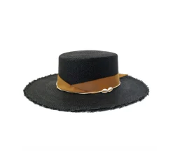 Cordovan Frayed Long Brim Hat With Straw And Seashell Detail