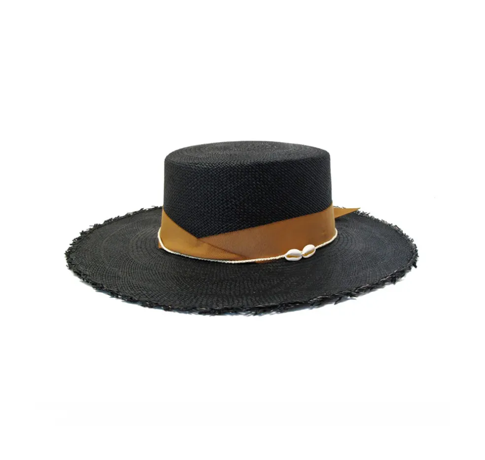 Cordovan Frayed Long Brim Hat With Straw And Seashell Detail