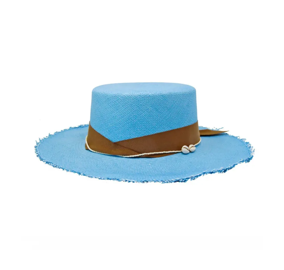 Cordovan Frayed Long Brim Hat With Straw And Seashell Detail