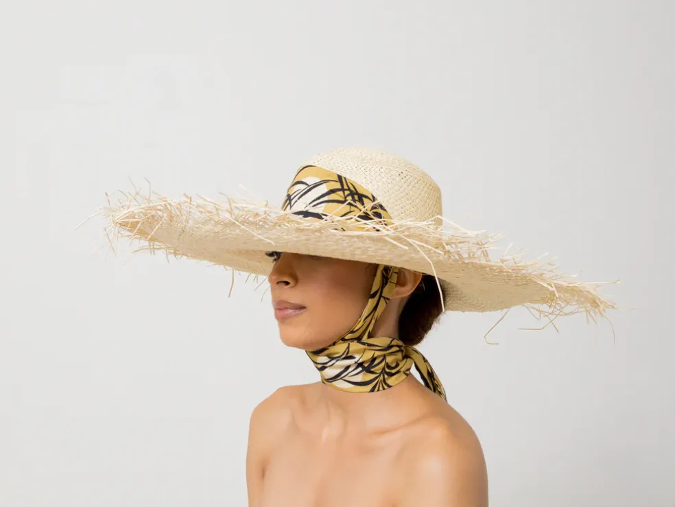Extra Frayed Long Brim Panama Hat with Adjustable Print Band