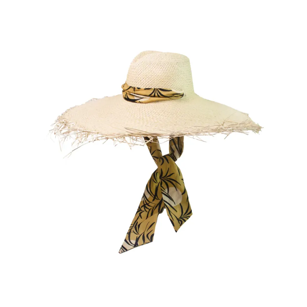 Extra Frayed Long Brim Panama Hat with Adjustable Print Band