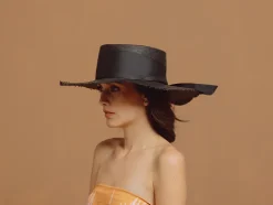 Frayed Long Brim Cordovan Hat With Maxi Bow