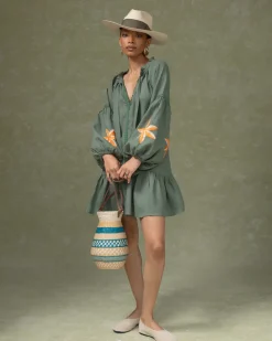 Hand Embroidered Long Sleeve Pussybow Tie Mini Dress