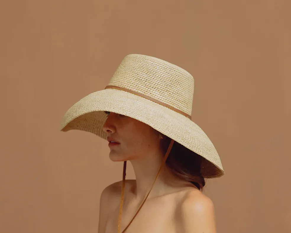 Lampshade Cordovan Crochet Long Brim Hat with Leather Band