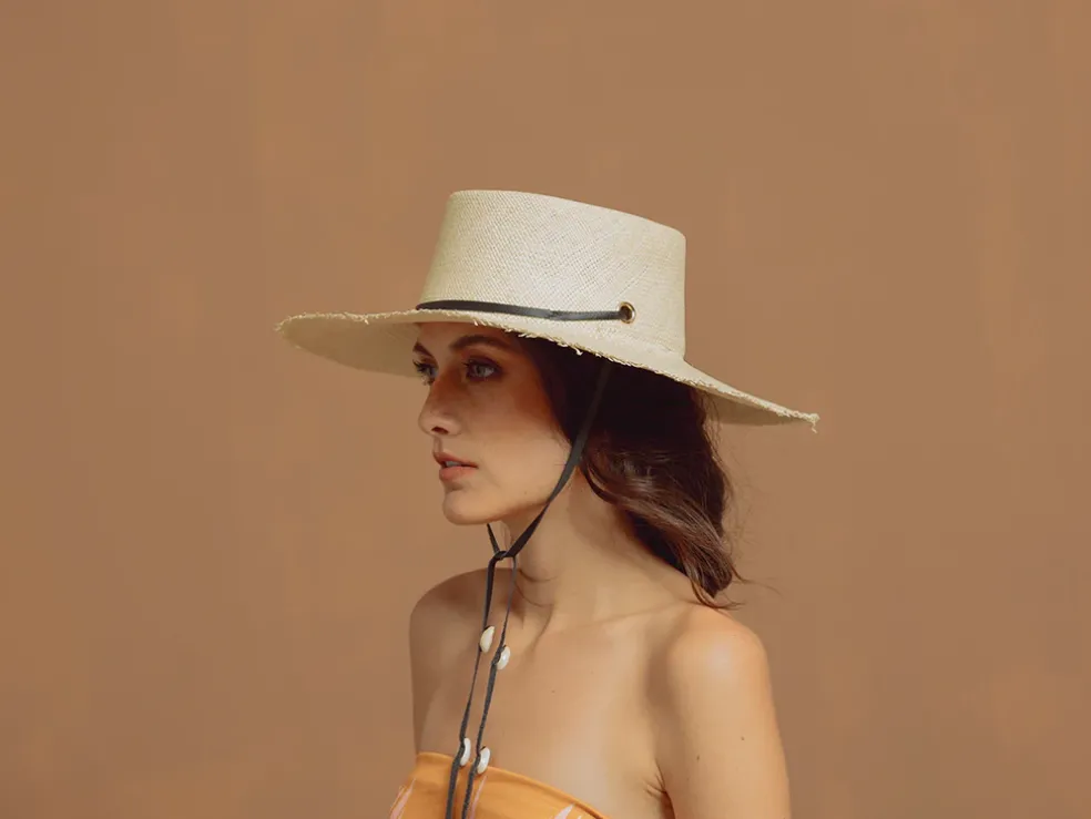 Long Brim Cordovan Hat with Leather & Seashells Band