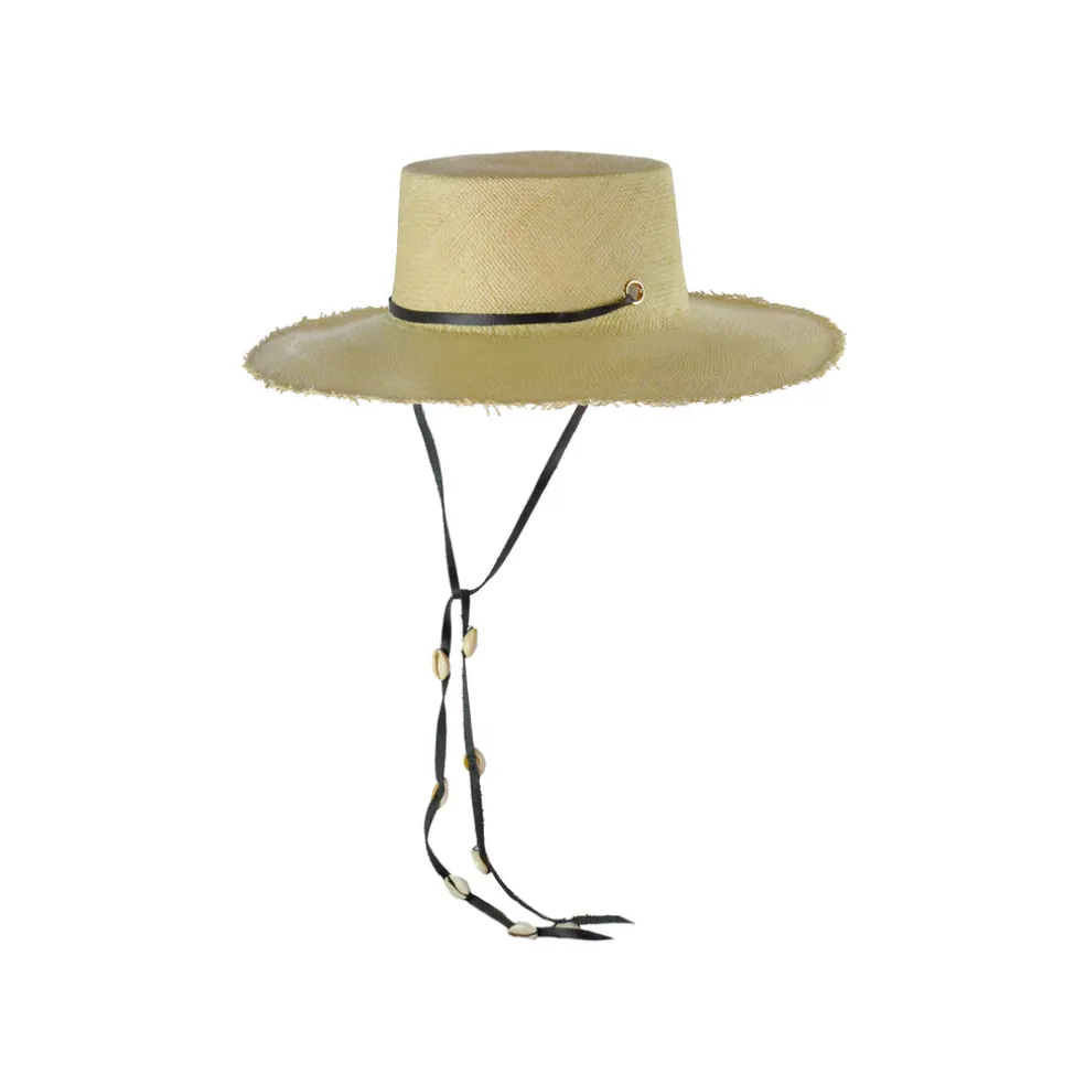 Long Brim Cordovan Hat with Leather & Seashells Band