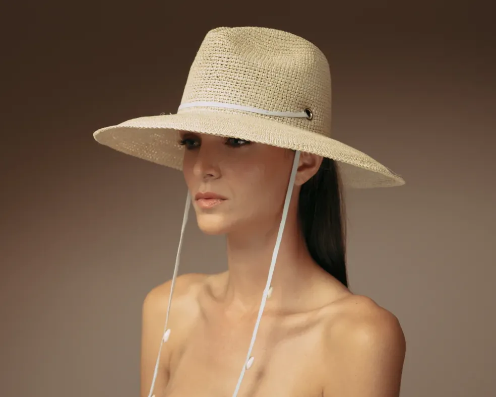 Long Brim Crochet Panama hat with Adjustable Leather band