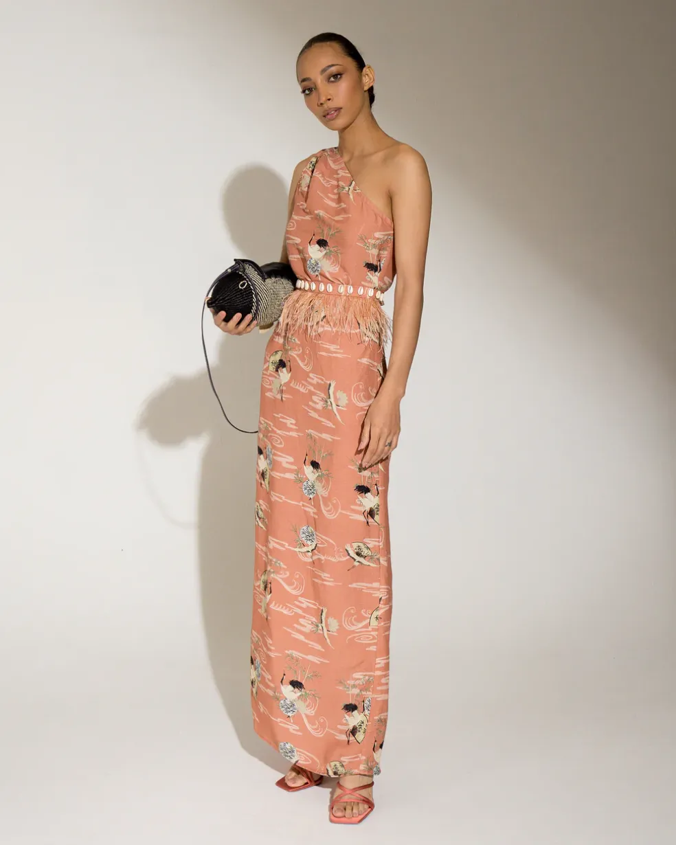 One Shoulder Dress with Feathered Belt