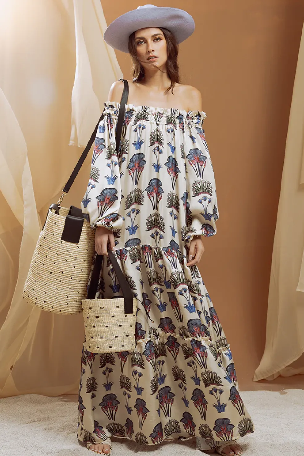 Strapless Balloon Sleeve Maxi Dress